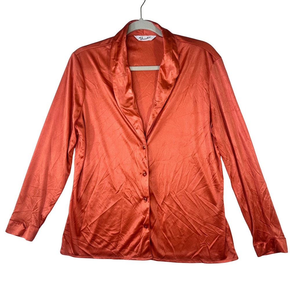 Vincenti Womens Satin Shawl Collar Blouse Coral Orange Long Sleeve Button Up Top
